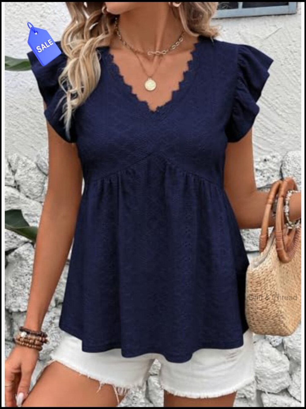 Boho Lace V-Neck Ruffle Camisole Tank Top - Textured Sleeveless Blouse - Picture 5 of 7